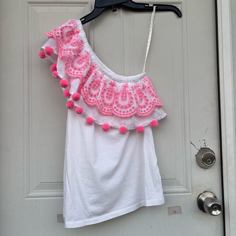 Sugar White One-Shoulder Top with Pink Pom Trim